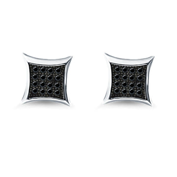 Square Hip Hop Iced Out Screwback Stud Earrings Simulated Black CZ 925 Sterling Silver